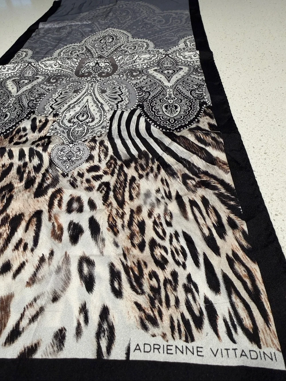 Adrienne Vittadini - luxurious Silk Scarf in Black, Silver, Gray and Brown.